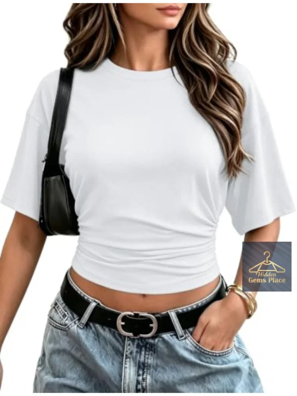 Crop tee ruched waist batwing short sleeve slim fitted basic t-shirt going out - Picture 1 of 5